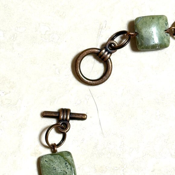 2/$20 Dark Green Serpentine Geometric Bracelet, Genuine Gemstone + Copper Links - Picture 2 of 11